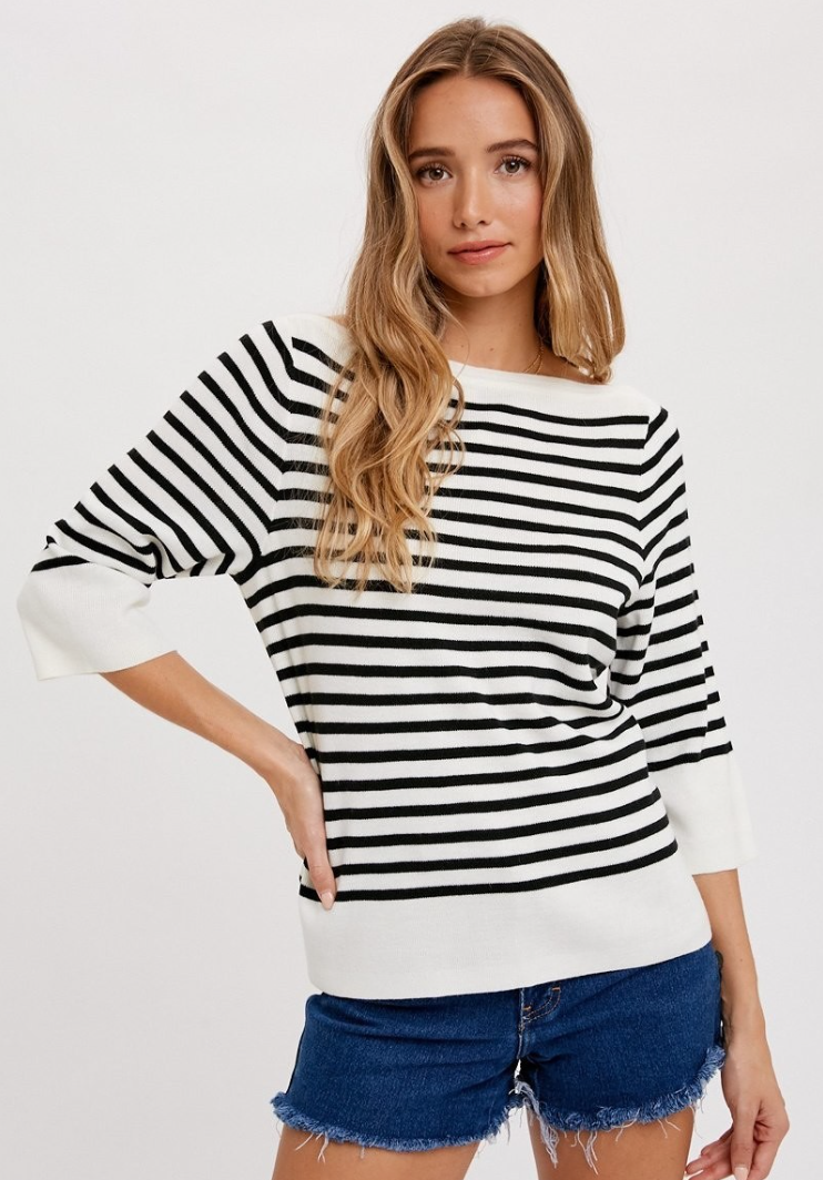 Sabine Boat Neck Striped Sweater - Black