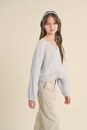 LONG SLEEVE BUTTON DOWN CROPPED TOP (7-14)