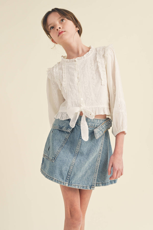 TWEEN KIDS GIRLS CROPPED BUTTON DOWN BLOUSE (7-14) - Reservoir