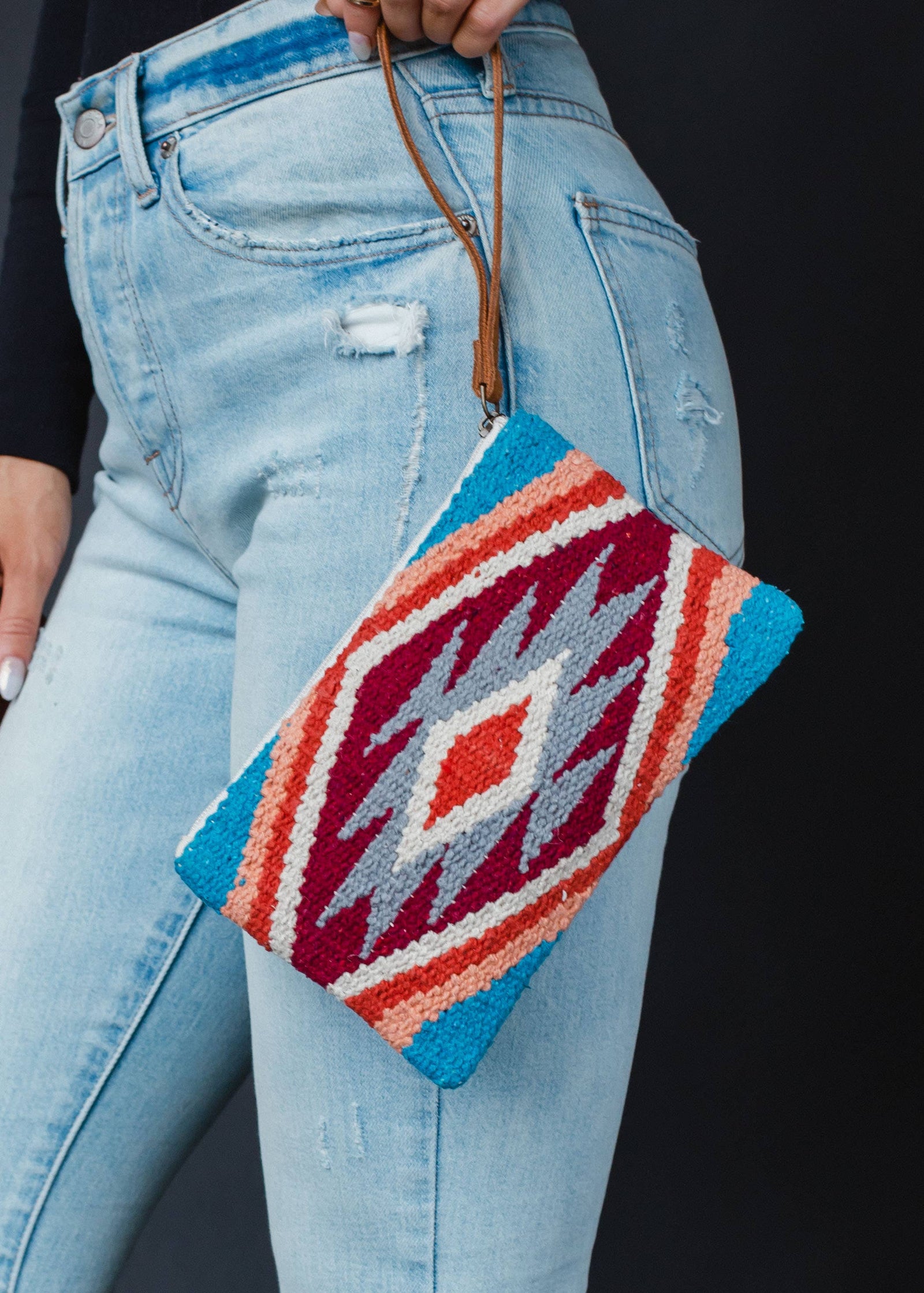Red, Blue, Orange & Cream Aztec Wristlet