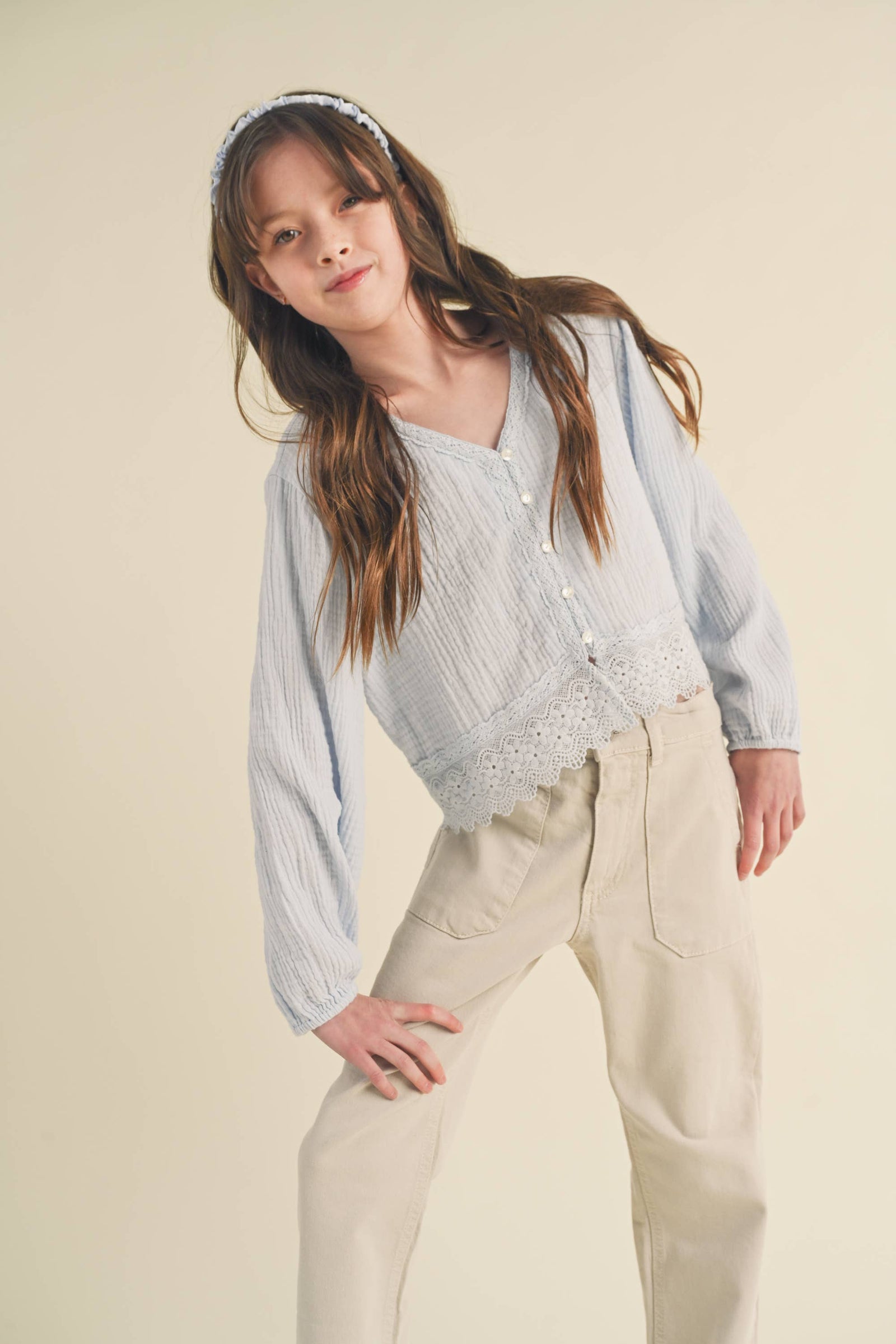 LONG SLEEVE BUTTON DOWN CROPPED TOP (7-14)