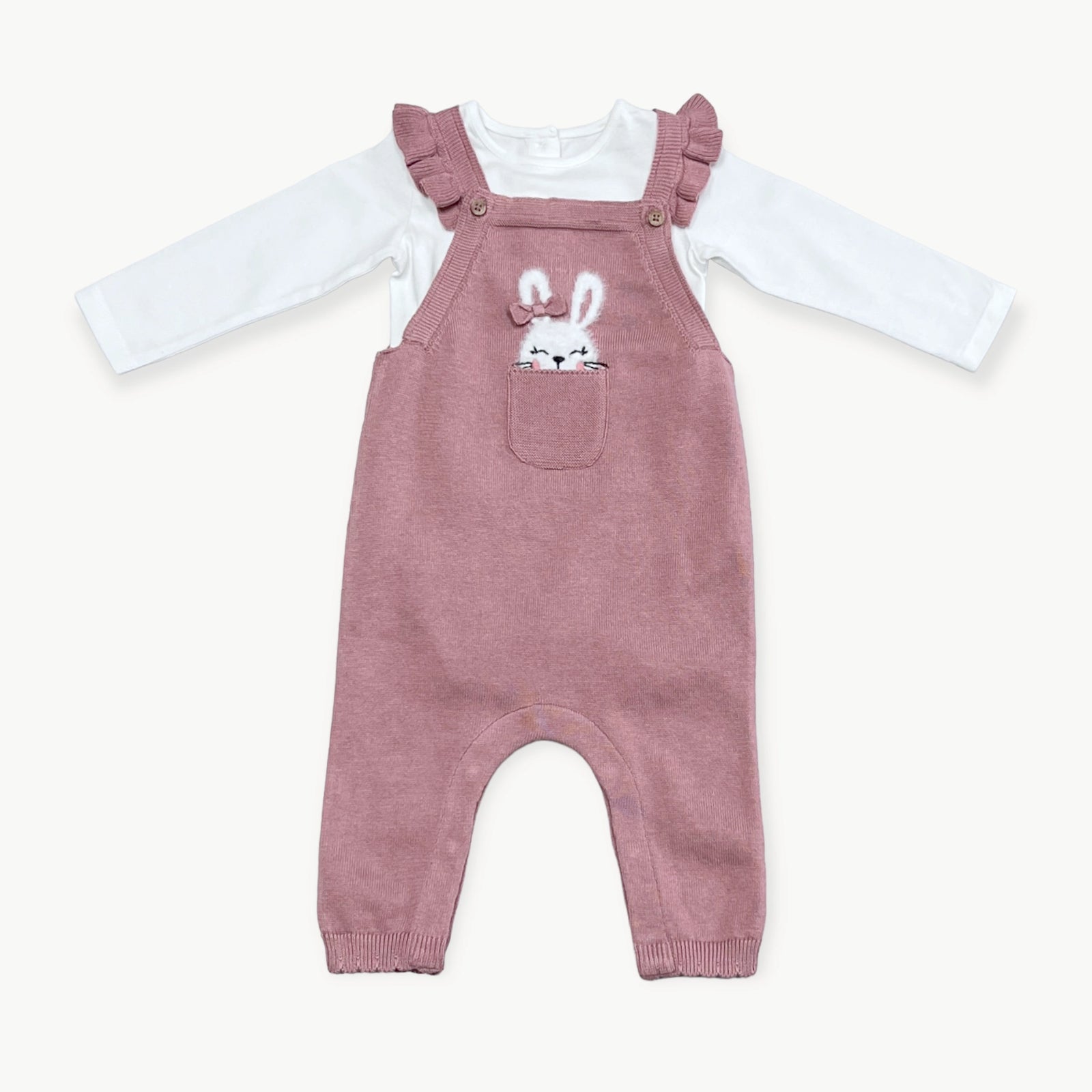 Bunny Peekaboo Ruffle Baby Girl Knit Overall Set