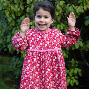 Toddler Long Sleeves Dress with Lace Trim | Red and White Fl