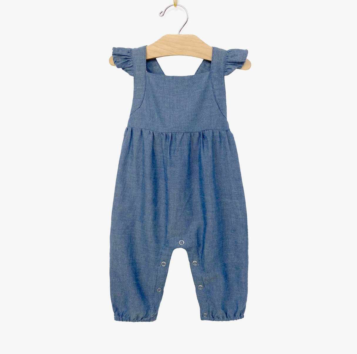 Ruffle Shoulder Long Romper - Chambray Denim