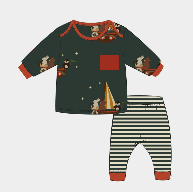 Organic Baby Playsuit - Forest Green Boat Friends