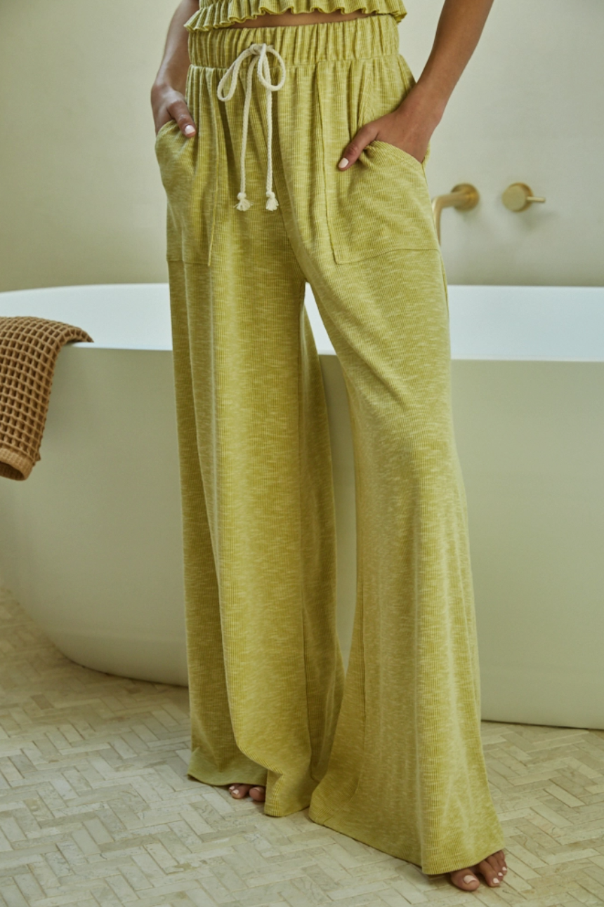Devin Ribbed Knit Wide Leg Pants - Chartreuse