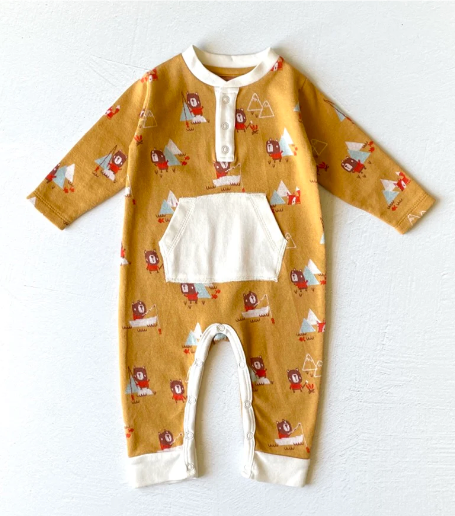 Camping Bear & Fox Kangaroo Jacquard Baby Jumpsuit