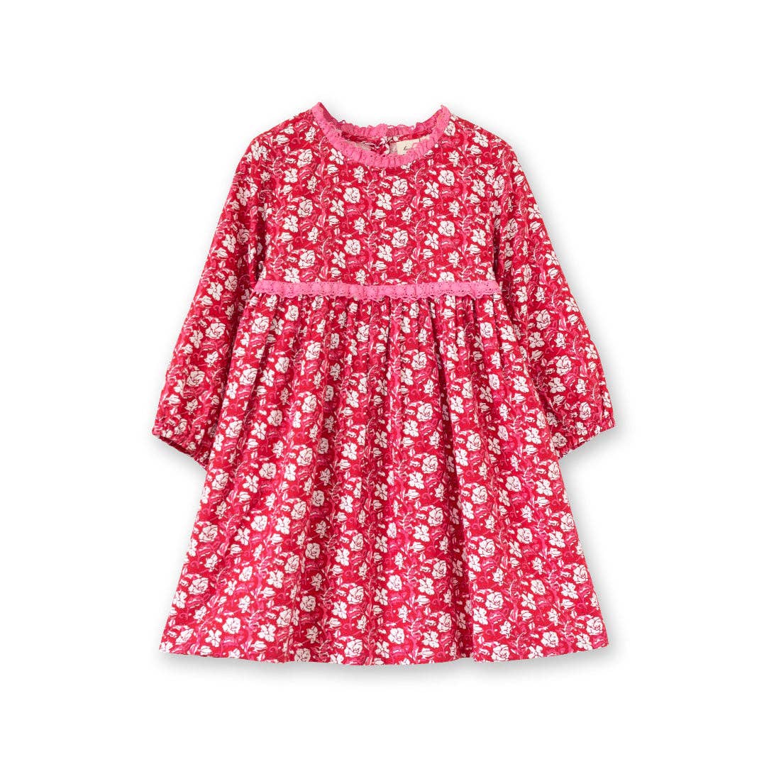 Toddler Long Sleeves Dress with Lace Trim | Red and White Fl