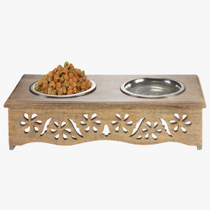 Handmade Mango Wood Elevated Double Pet Feeder - Flower