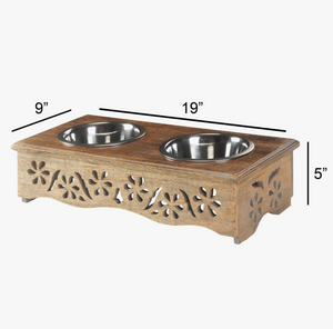 Handmade Mango Wood Elevated Double Pet Feeder - Flower