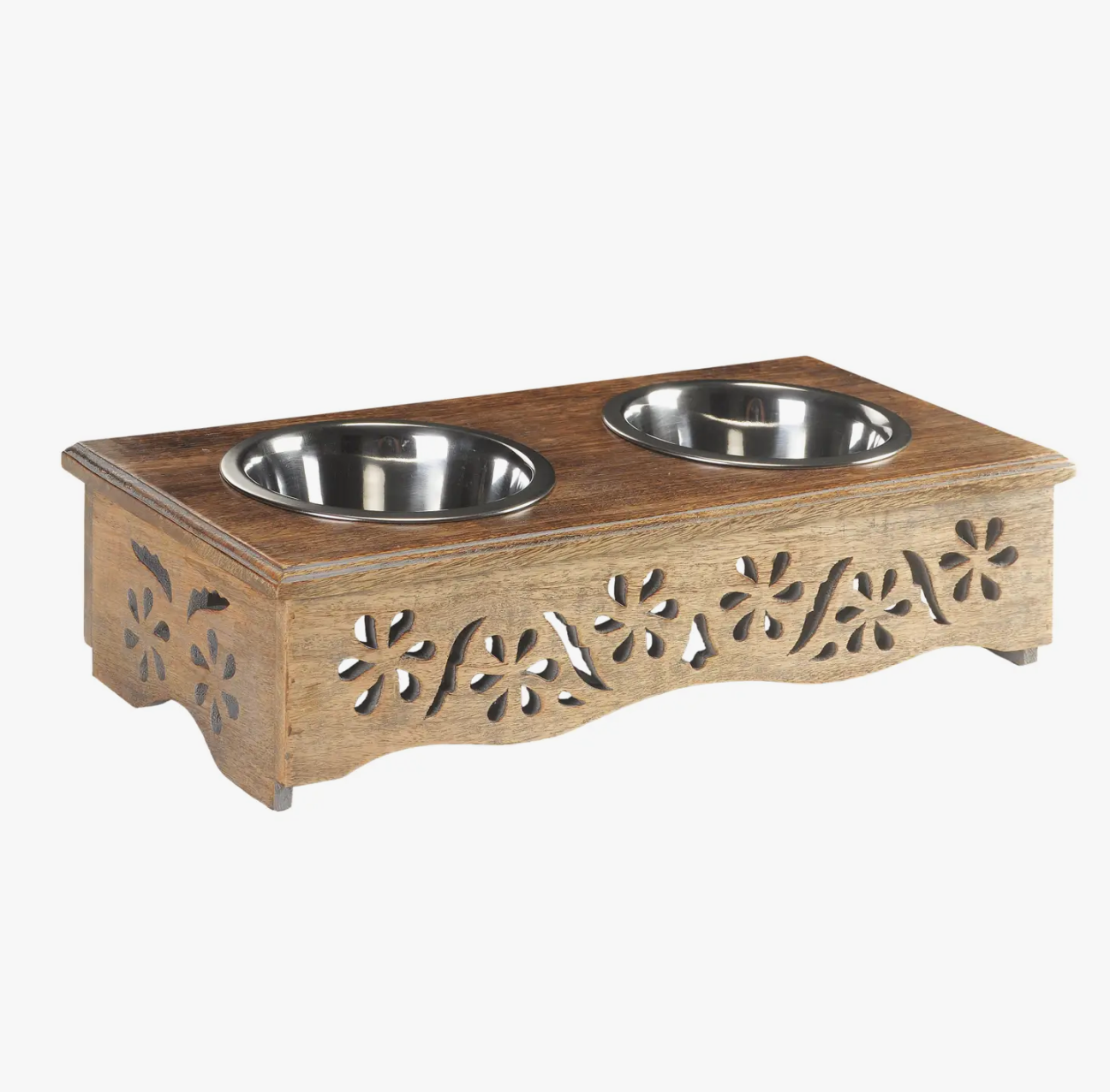 Handmade Mango Wood Elevated Double Pet Feeder - Flower