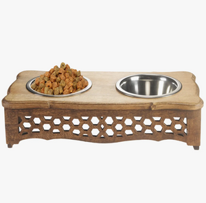 Handmade Mango Wood Elevated Double Pet Feeder - Honeycomb