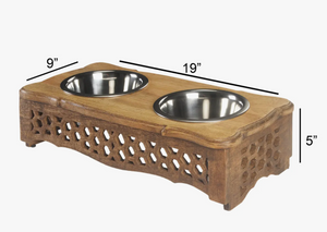 Handmade Mango Wood Elevated Double Pet Feeder - Honeycomb