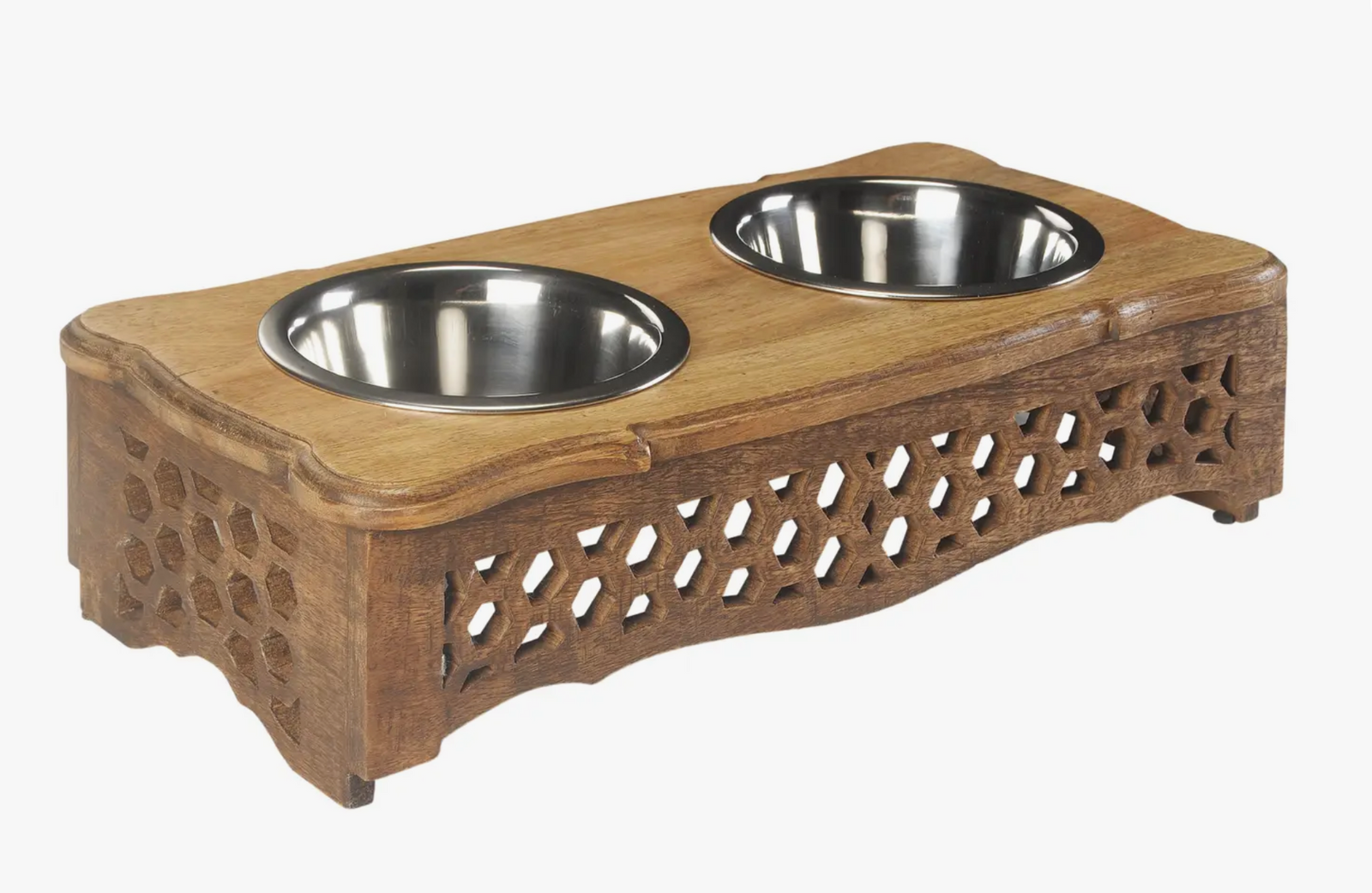 Handmade Mango Wood Elevated Double Pet Feeder - Honeycomb